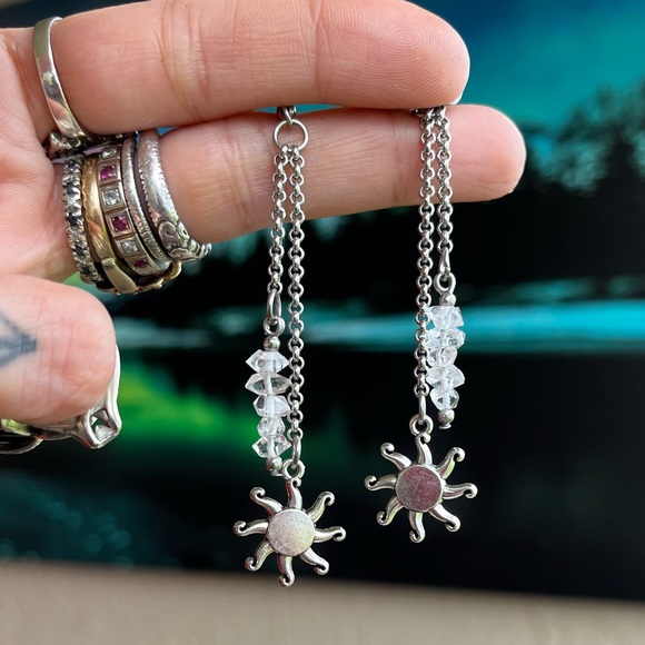 Herkimer diamonds crystal sun charm earrings stainless steel post & chains boho - Picture 4 of 7